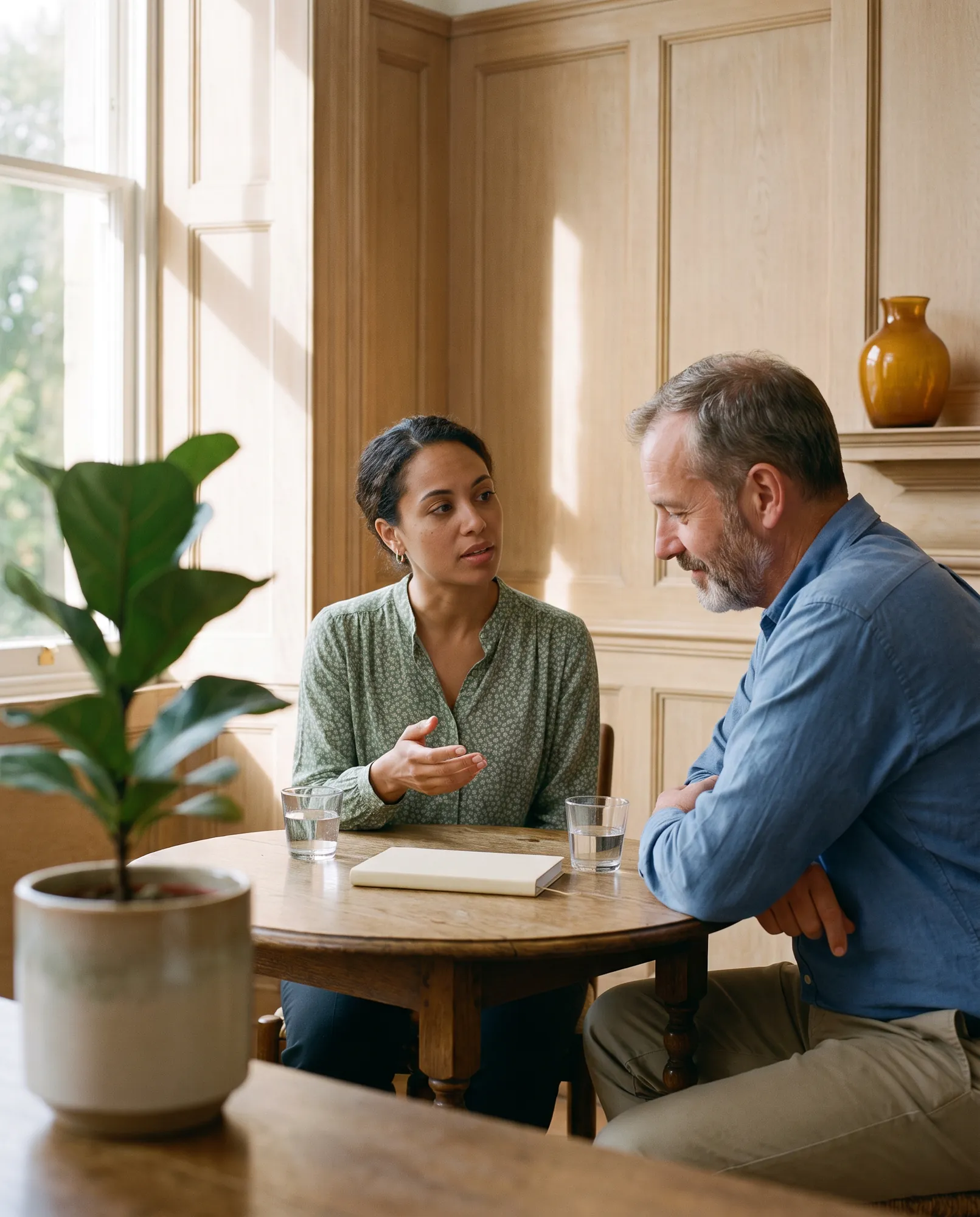A practitioner and a patient talk at a small round table in a sunlit consultation room.
