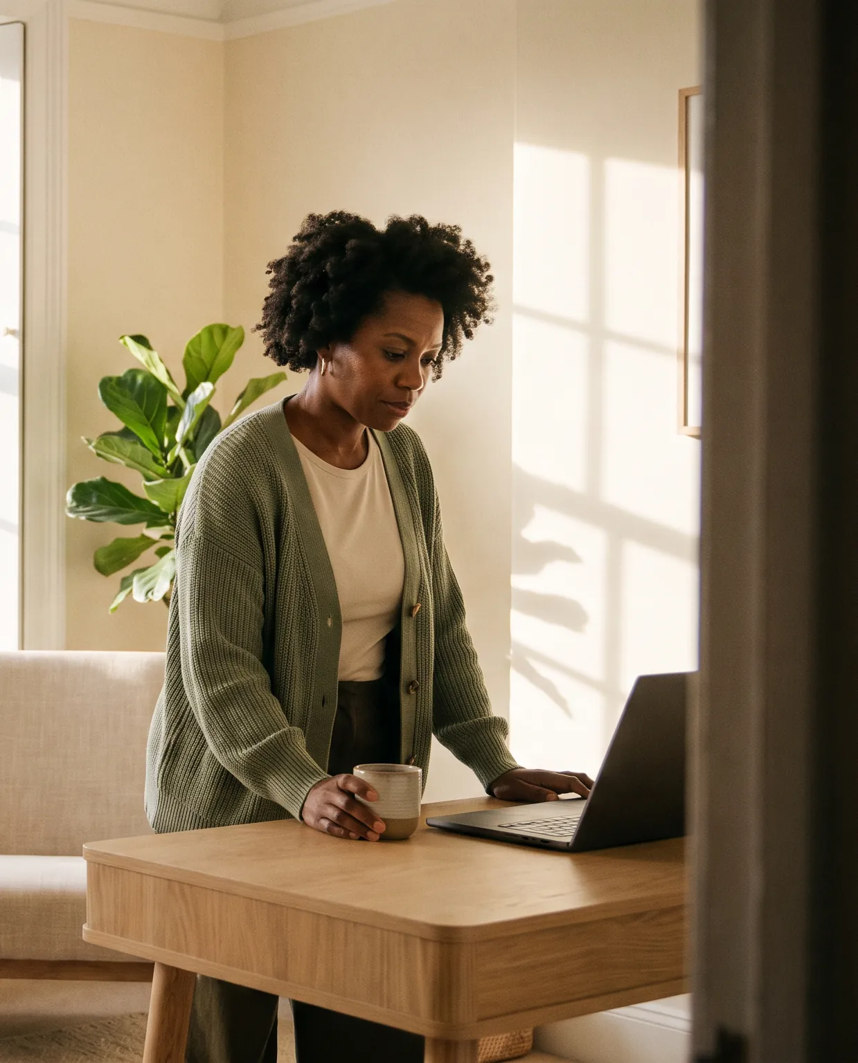 Seen through a half-open door, a practitioner stands at her desk with a cup of tea, reading her laptop before the day begins.